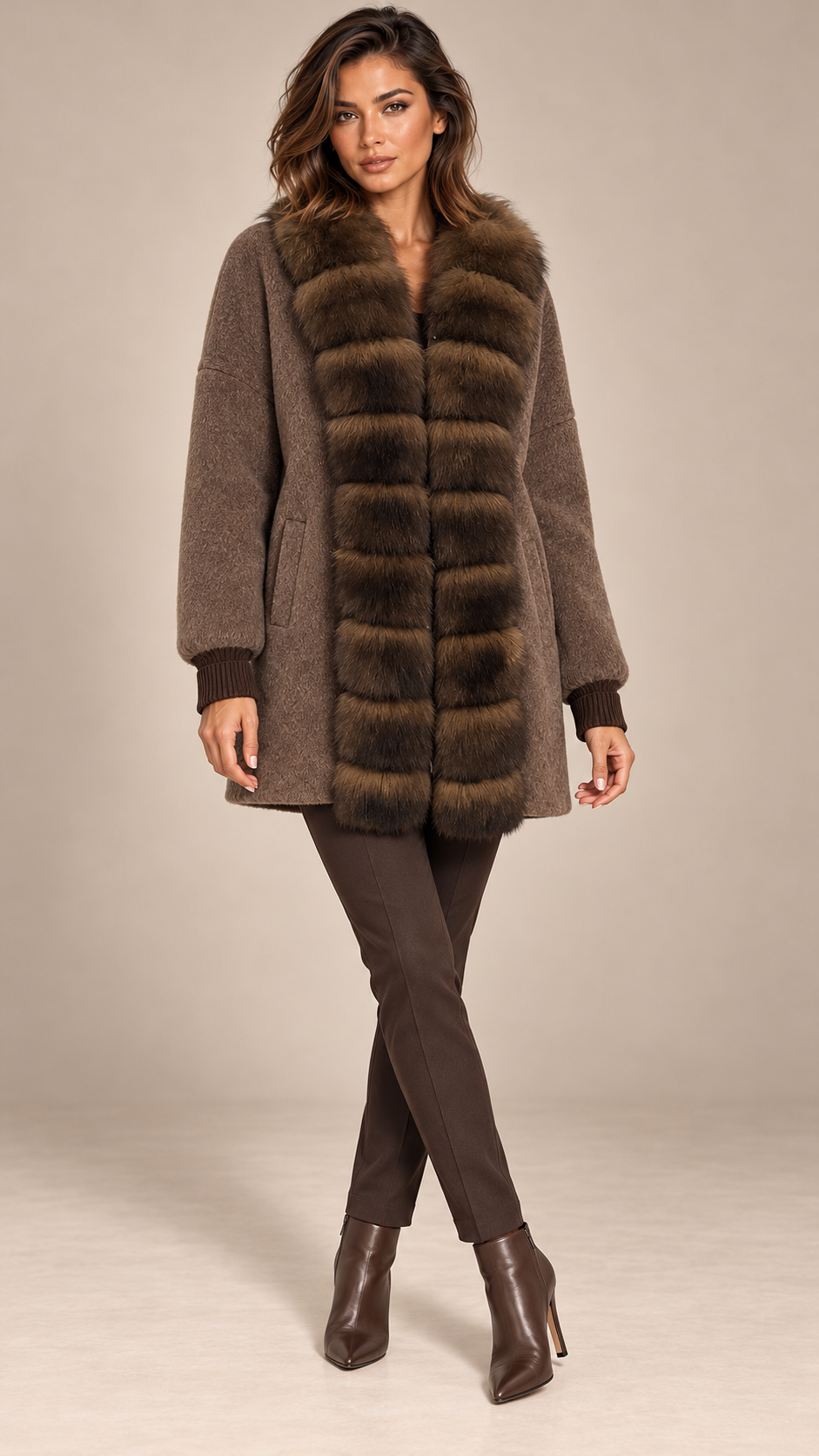 Rhiannon Fur-Placket Coat — Coffee color model front
