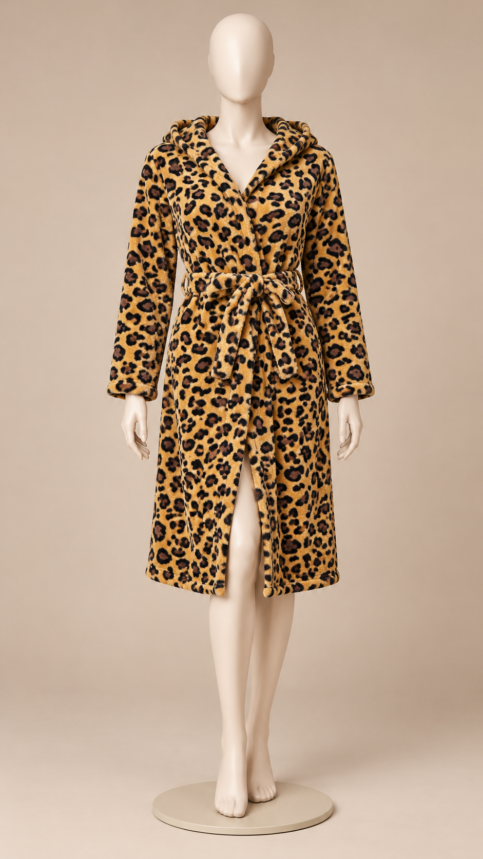 Rosamund Hooded Robe — Coffee Leopard mannequin front