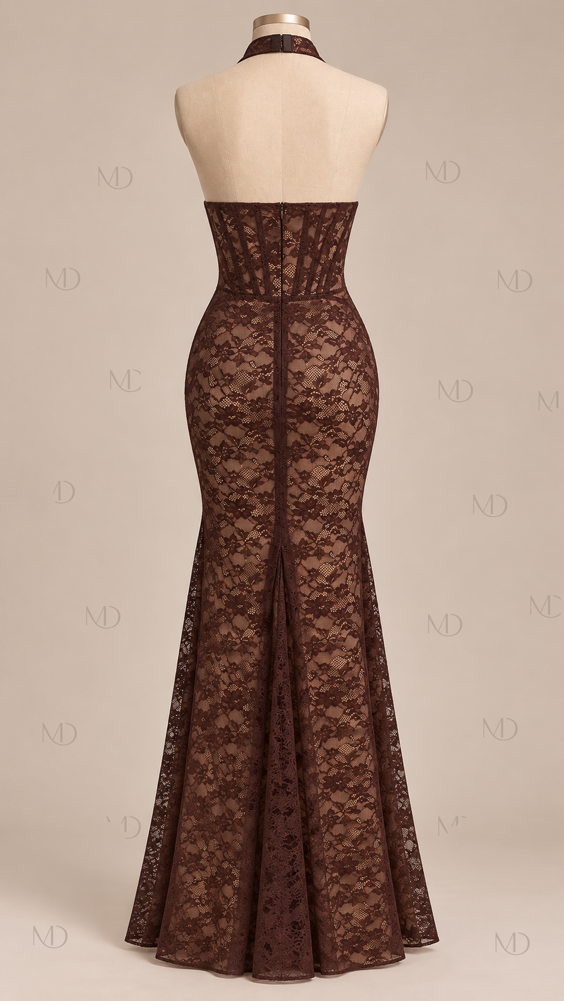 Seraphine Lace Halter Maxi Dress — Coffee mannequin back