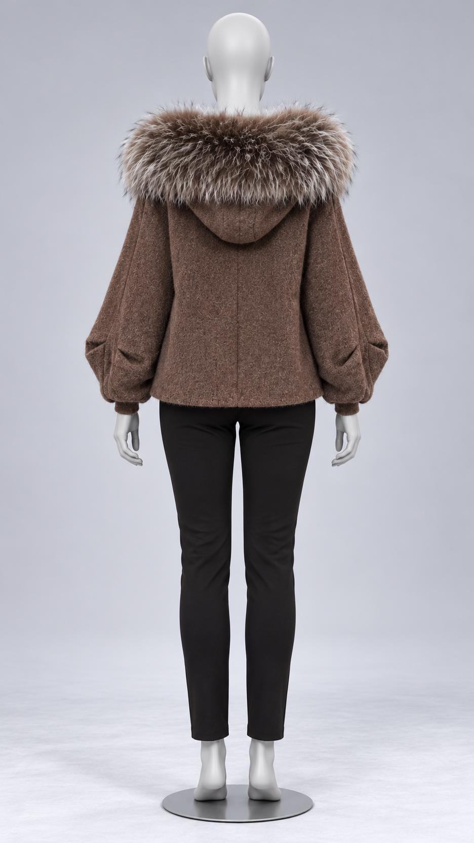 Marianne Raccoon-Hood Down Jacket — Coffee mannequin back