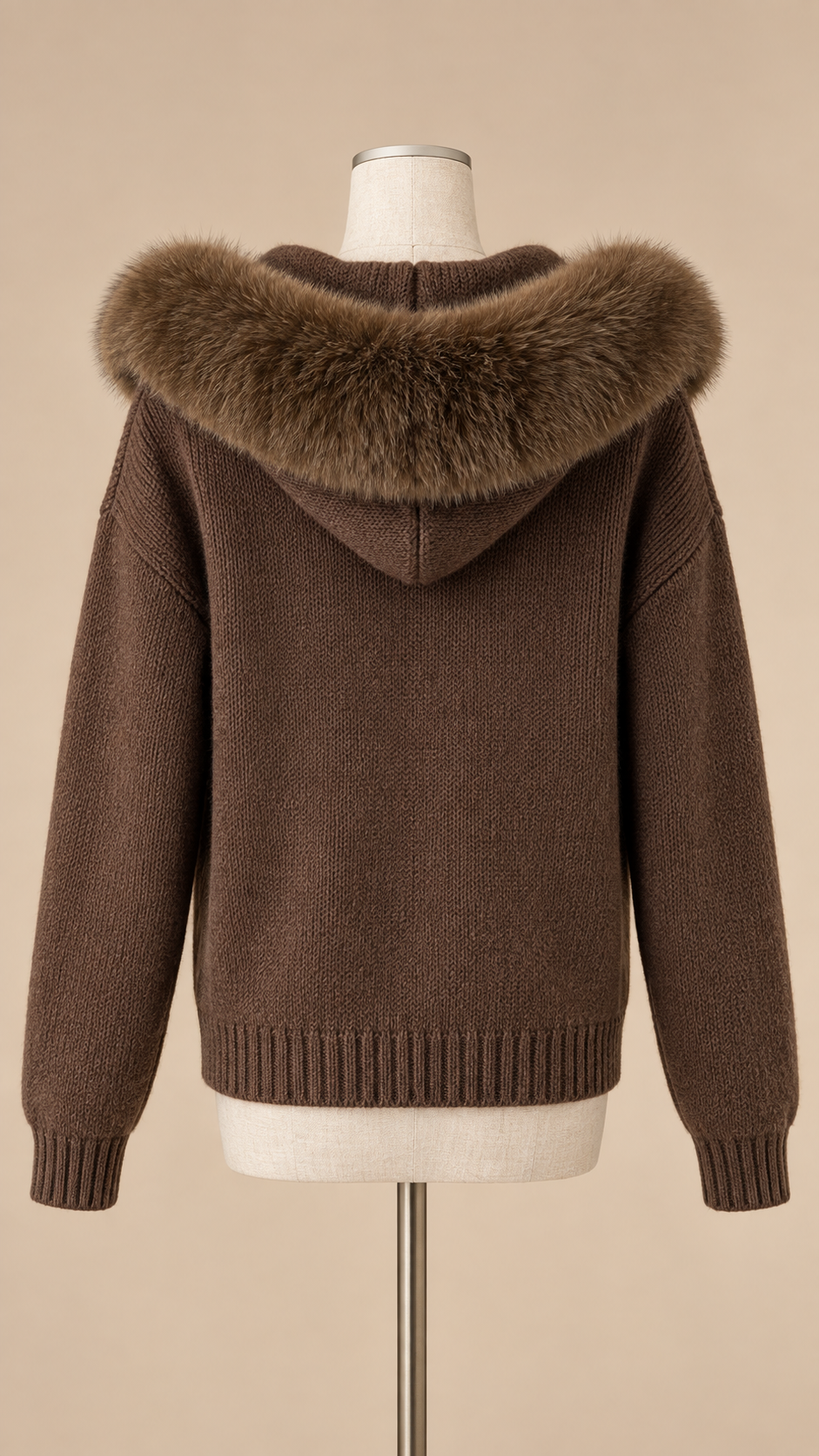 Sable Fox-Collar Cardigan — Coffee mannequin back