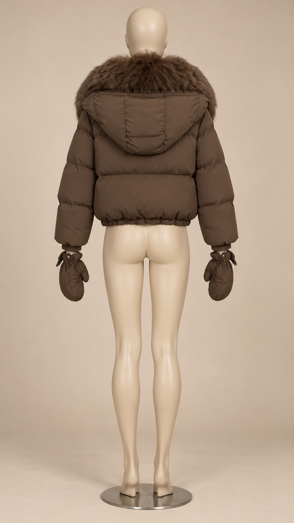 Anastasia Fox-Stole Hooded Puffer — Coffee mannequin back