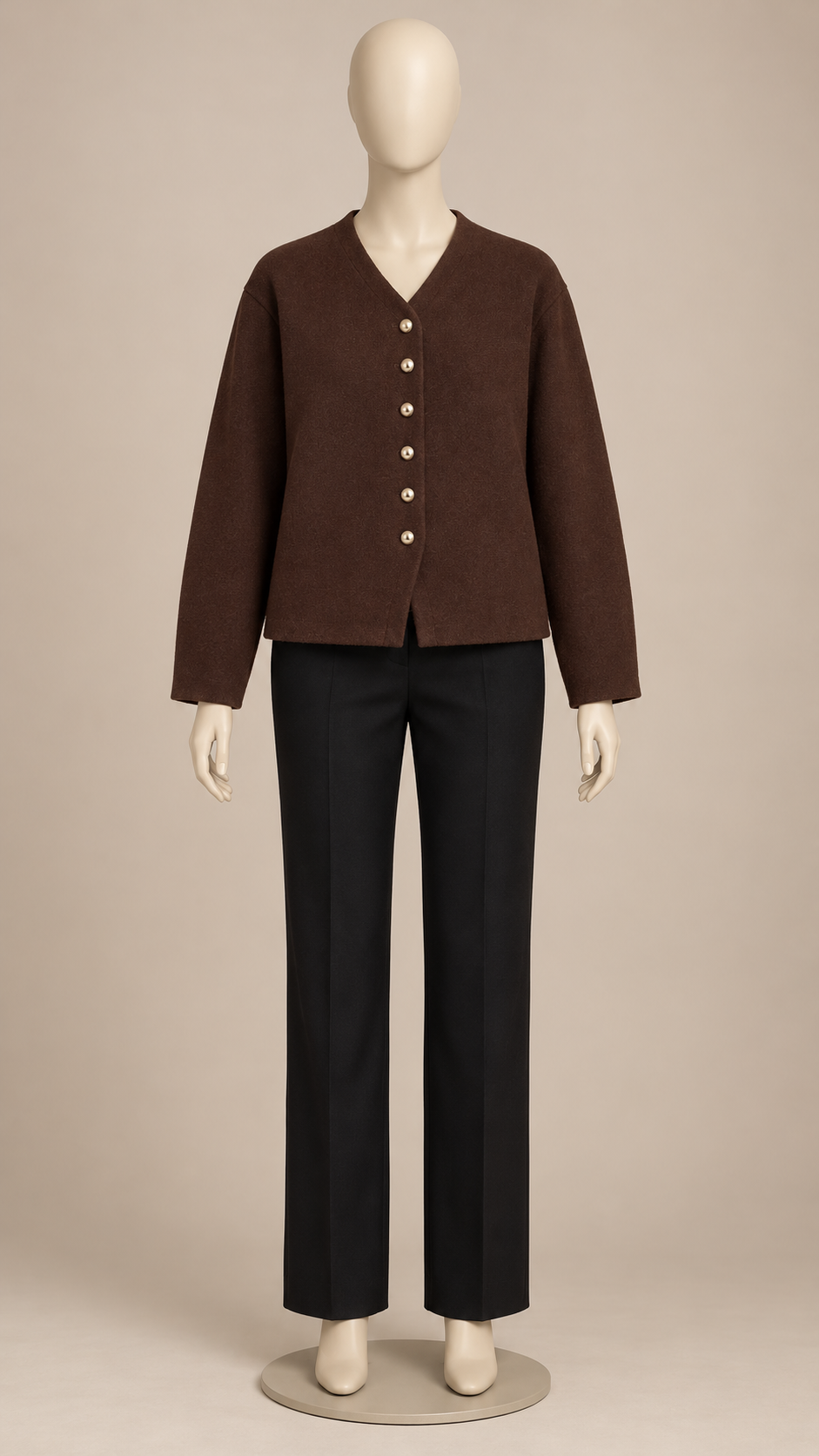 Adelaide Shank-Button Cardigan — Coffee mannequin front