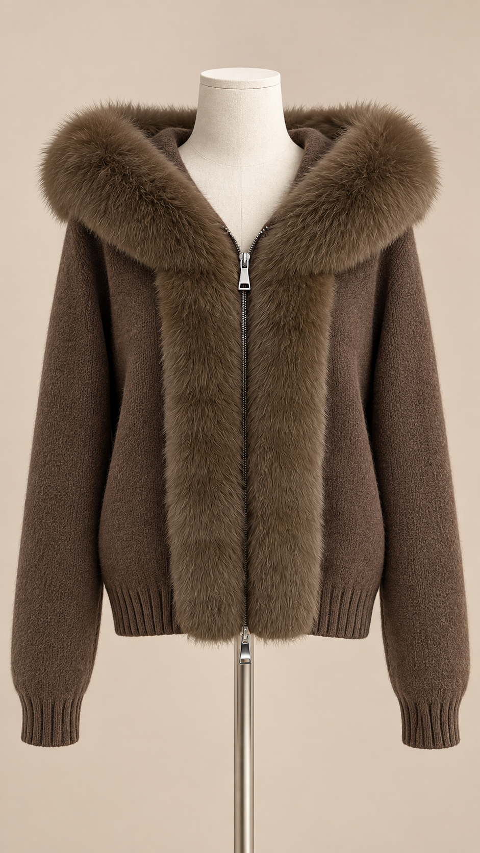 Sable Fox-Collar Cardigan — Coffee mannequin front