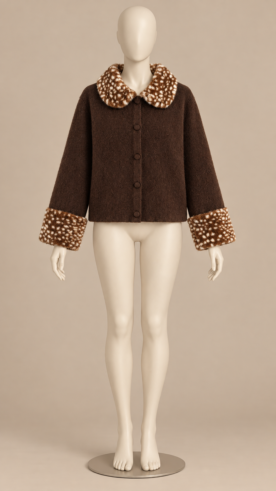 Brigida Fawn-Collar Cardigan — Coffee mannequin front