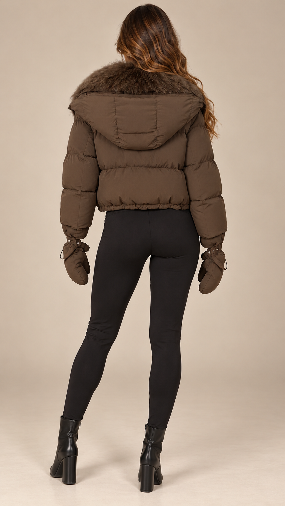 Anastasia Fox-Stole Hooded Puffer — Coffee model back