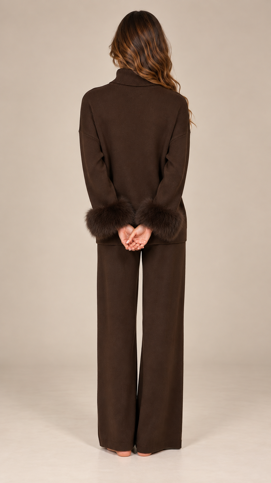 Noor Fur-Pom Knit Set — Coffee model back