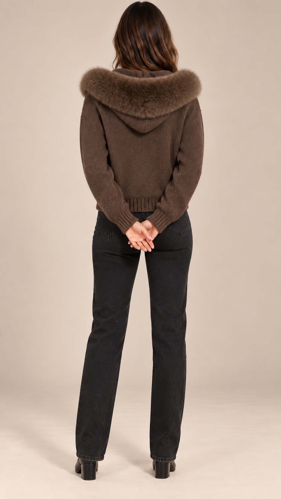 Sable Fox-Collar Cardigan — Coffee model back