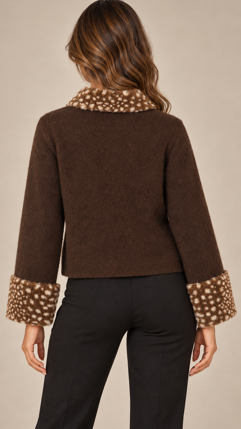 Brigida Fawn-Collar Cardigan — Coffee model back