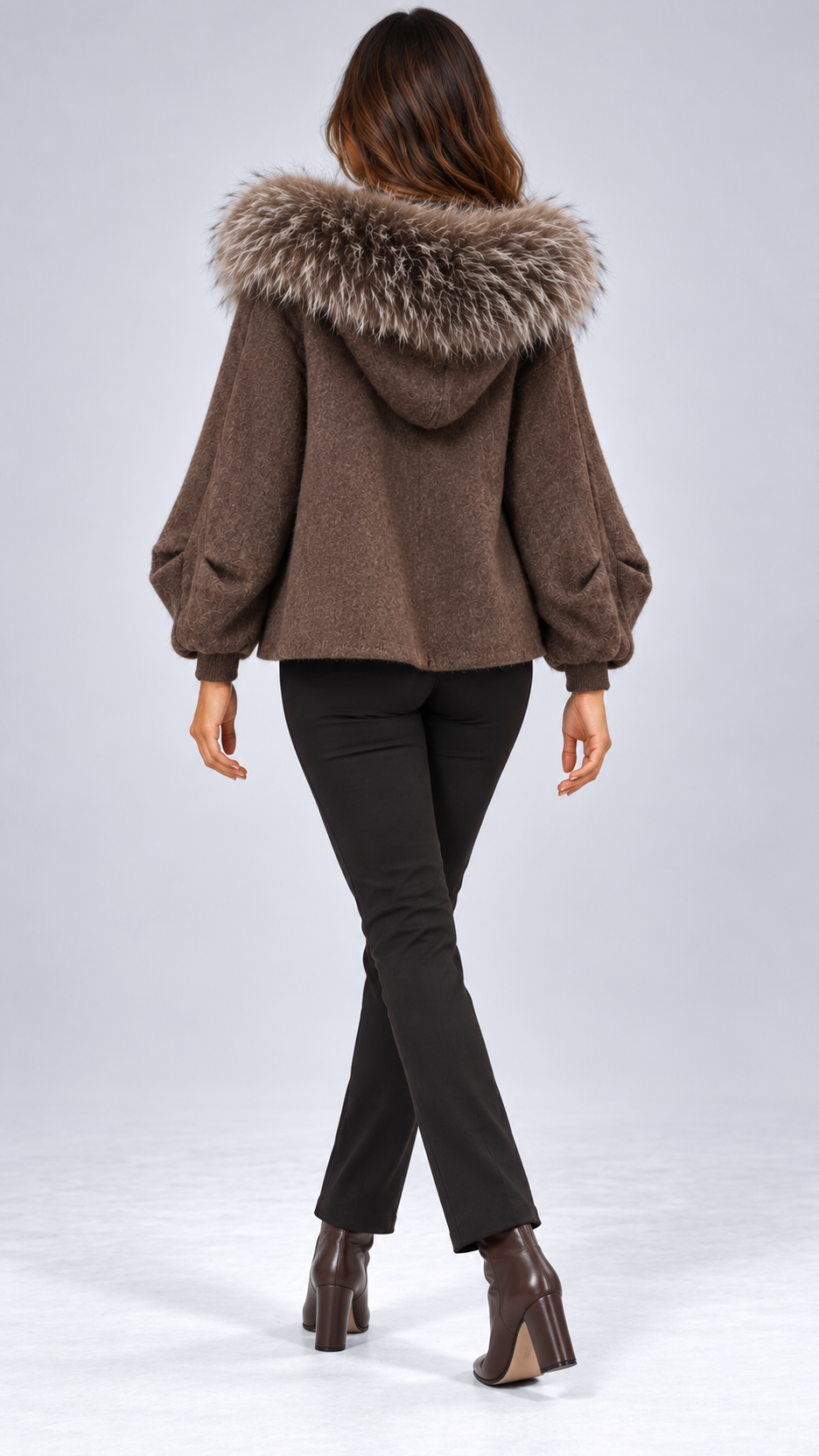 Marianne Raccoon-Hood Down Jacket — Coffee model back