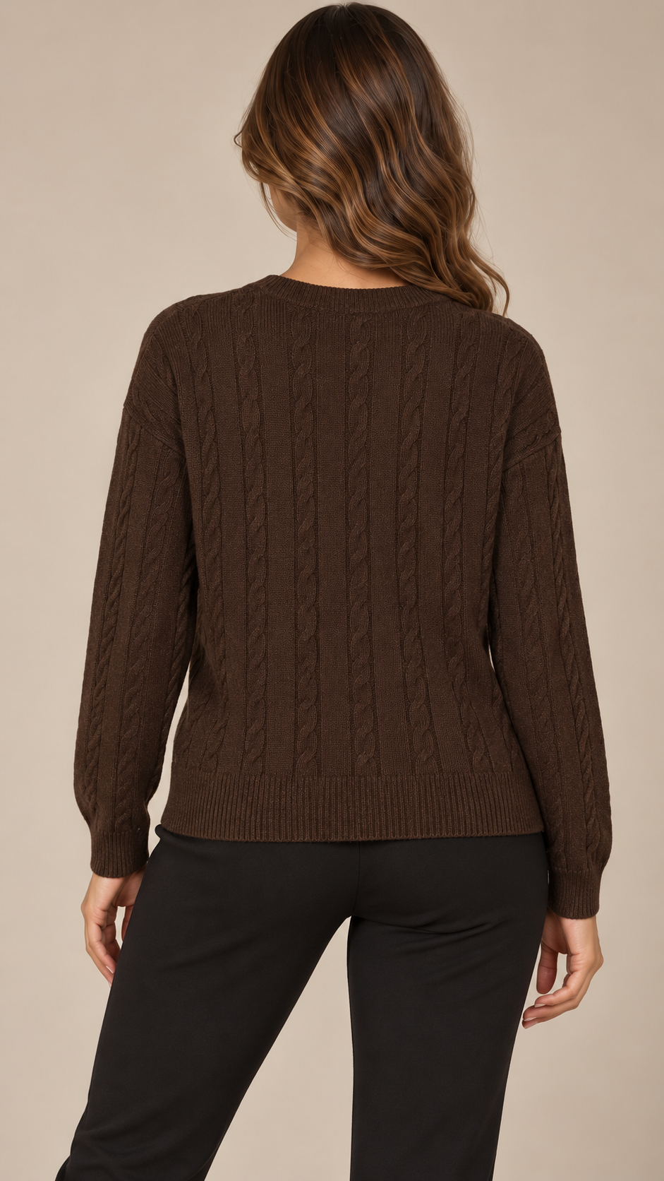 Marit Cable V-Neck Sweater — Coffee model back