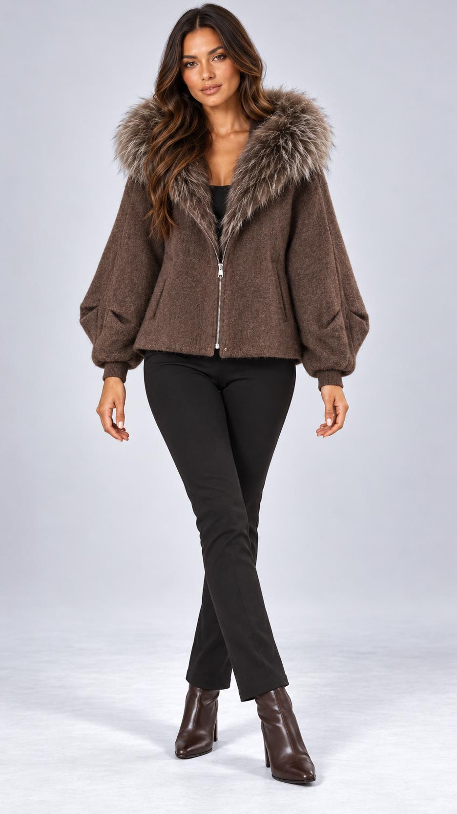 Marianne Raccoon-Hood Down Jacket — Coffee model front