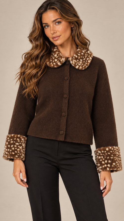 Brigida Fawn-Collar Cardigan — Coffee model front