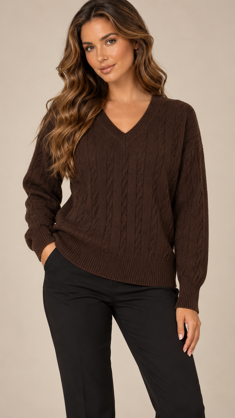 Marit Cable V-Neck Sweater — Coffee model front