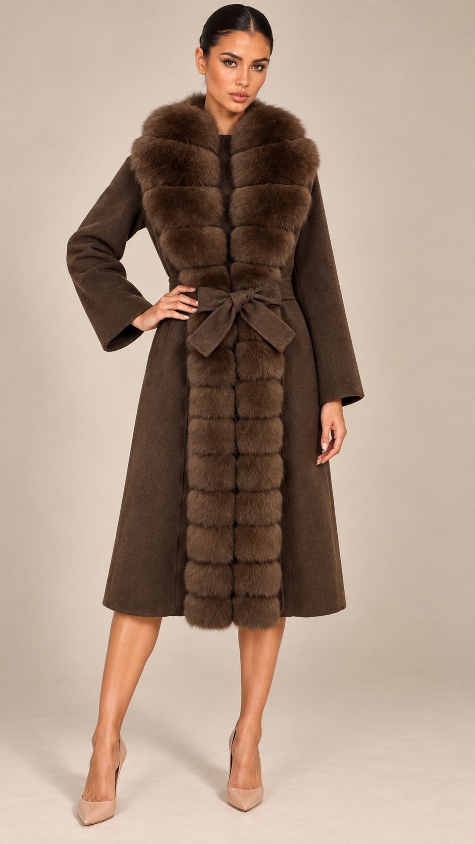 Seraphine Fur Collar Coat — Coffee model front