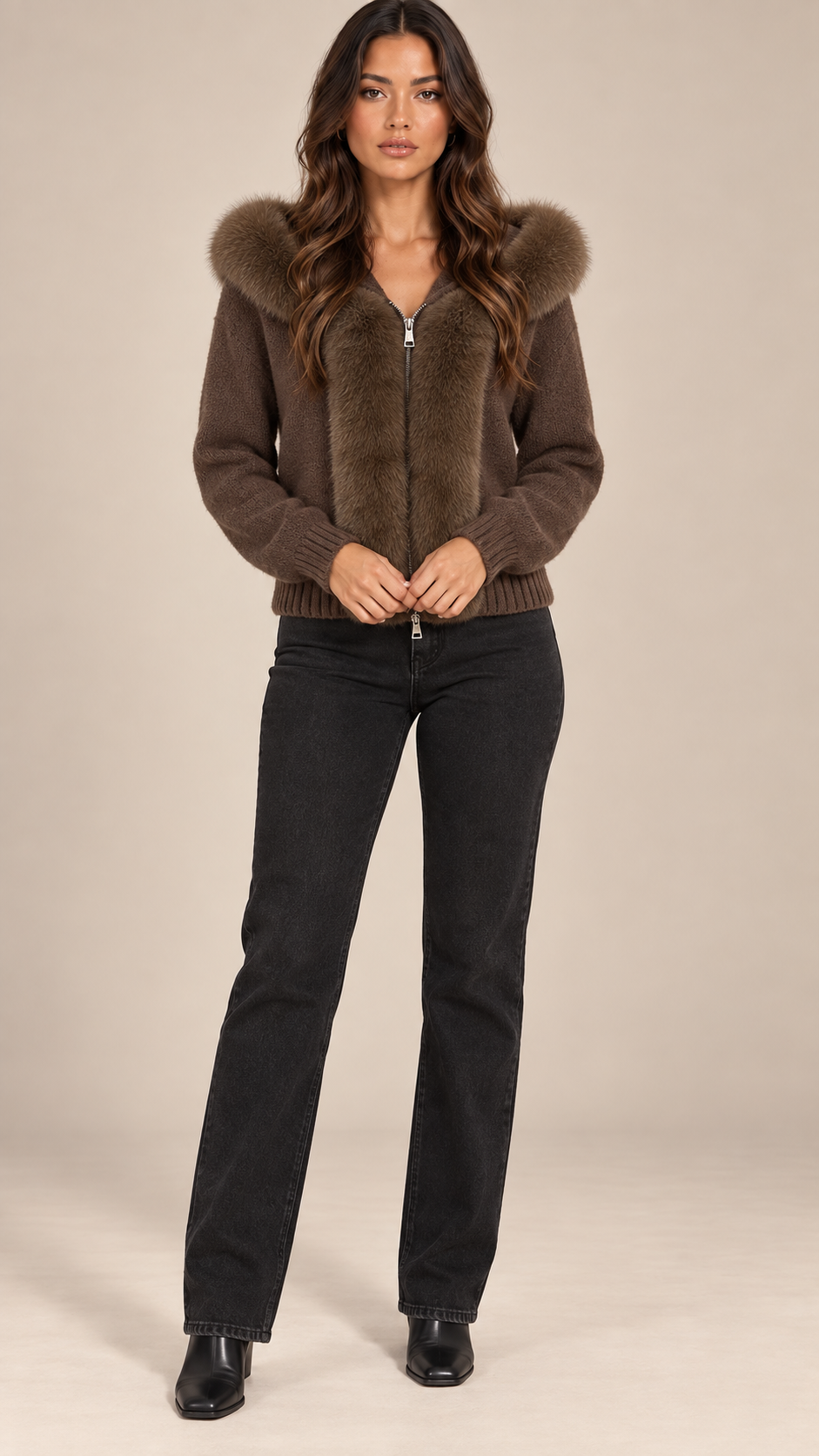 Sable Fox-Collar Cardigan — Coffee model front