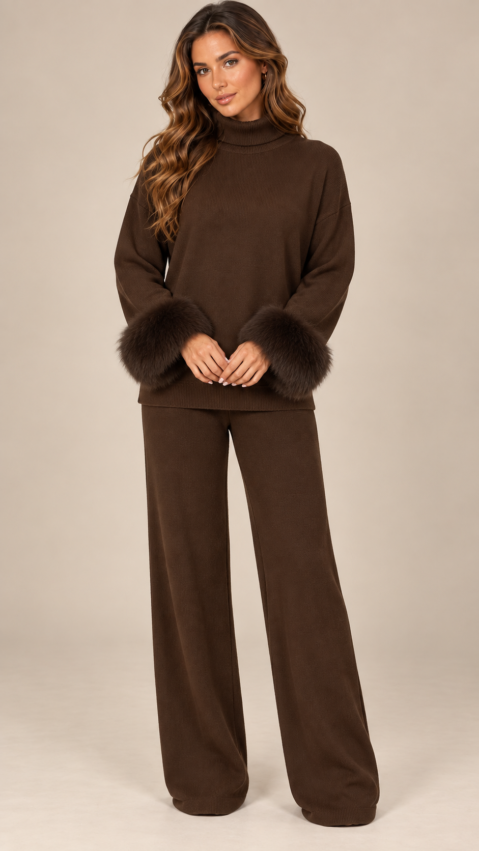 Noor Fur-Pom Knit Set — Coffee model front