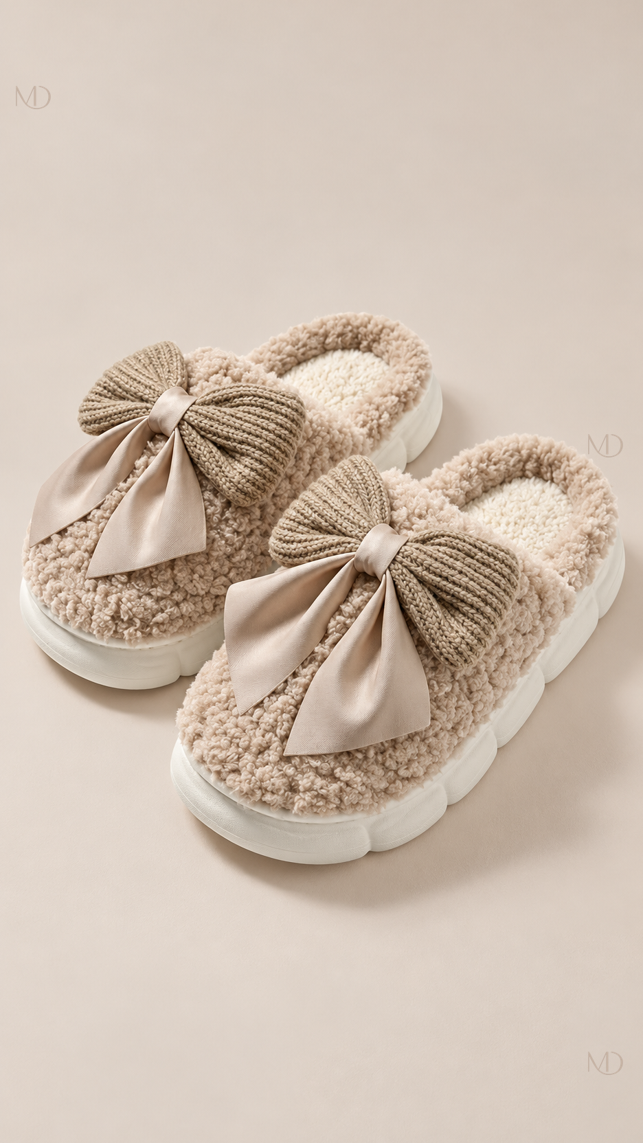 Primrose Bow Plush Slippers — Coffee product only