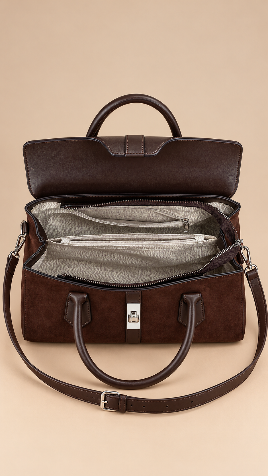 Verena Turn-Lock Satchel — Coffee product open