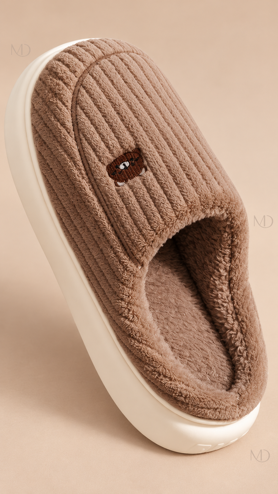 Mirren Corduroy Slippers — Coffee shoe detail