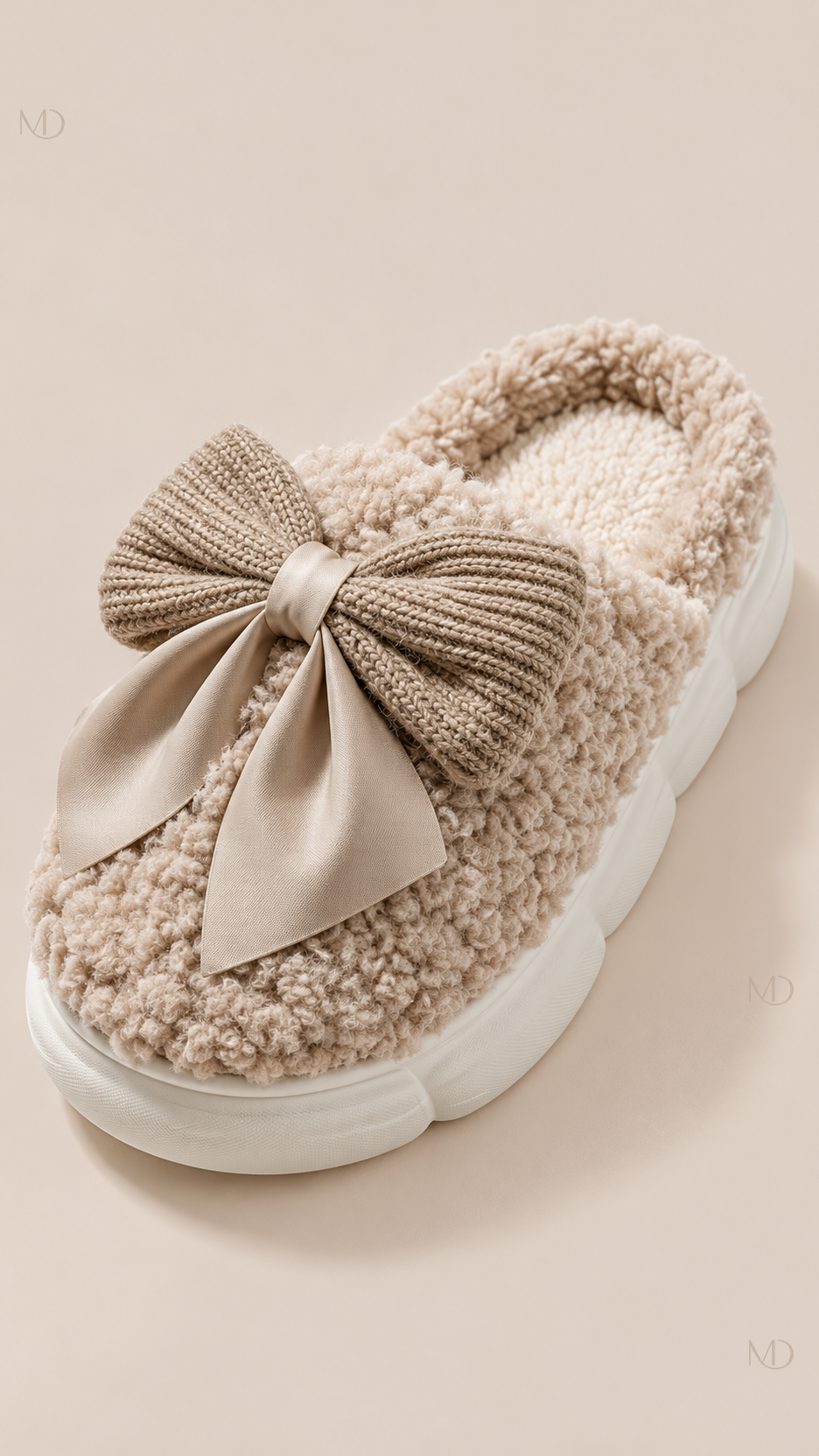 Primrose Bow Plush Slippers — Coffee shoe detail