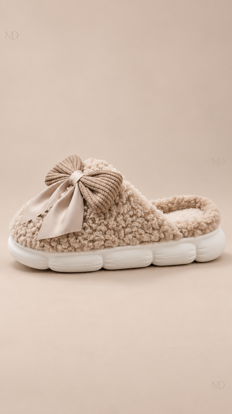 Primrose Bow Plush Slippers — Coffee shoe side
