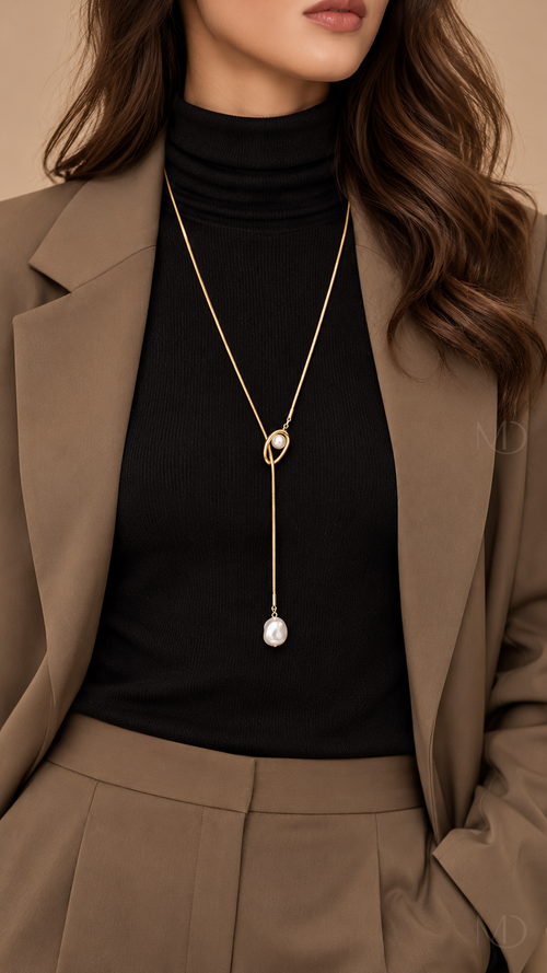 Colette Pearl Lariat Chain - Gold worn model view