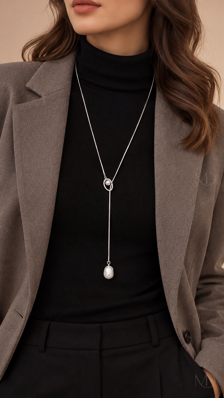 Colette Pearl Lariat Chain - Silver worn model view