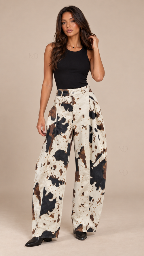 Dakota Cow Print Wide Pants — Cow Print model front