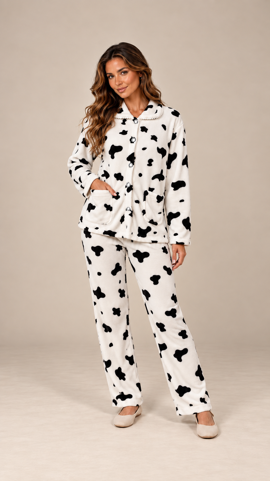 Eloise Fleece Pajama Set — Cow Print model front