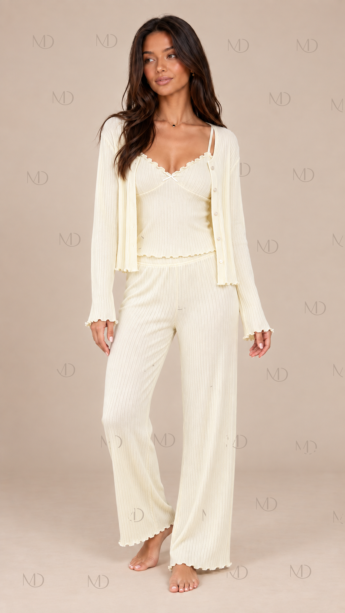Elowen Knit Three-Piece Pajama Set — Cream model front