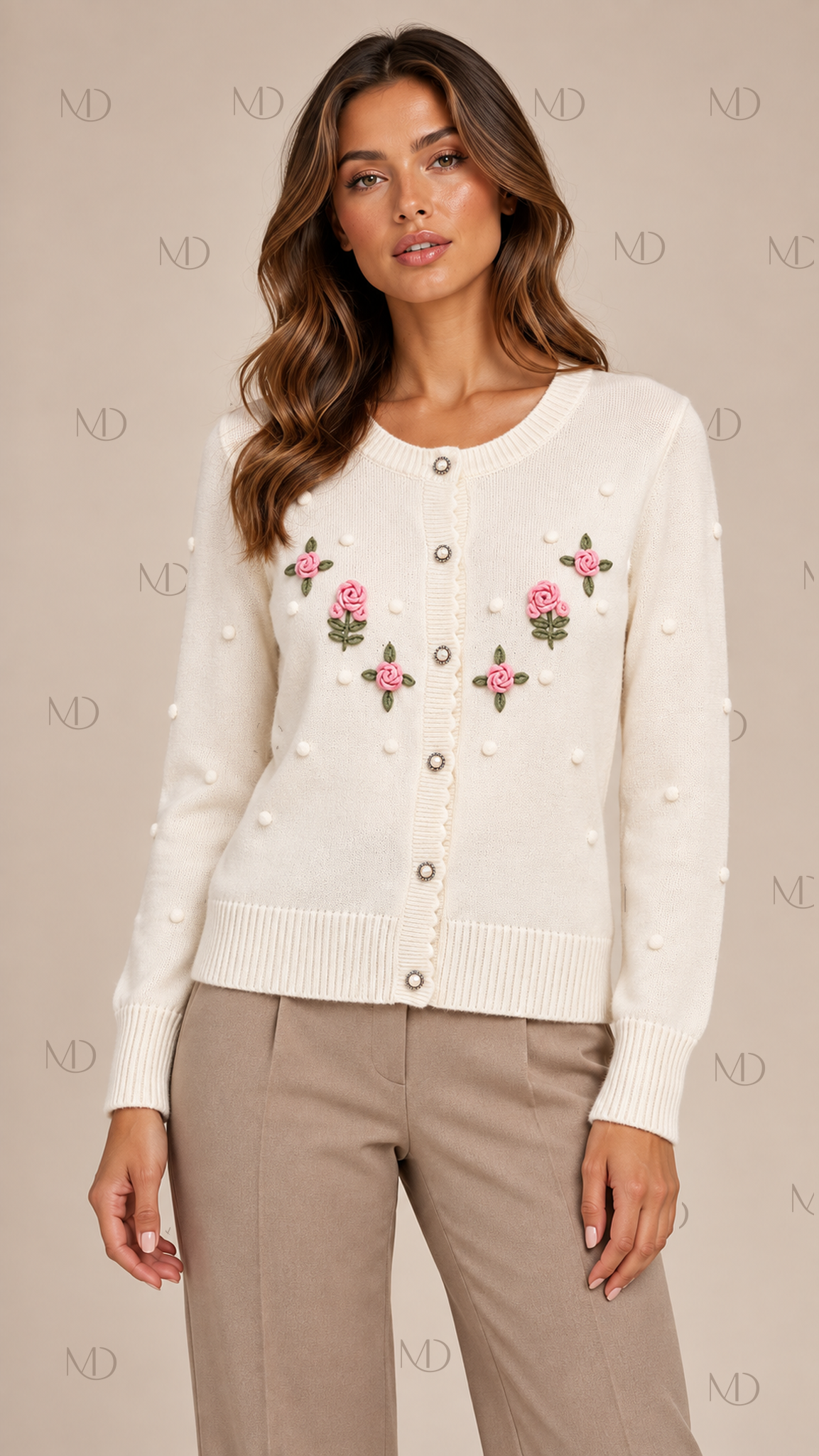 Rosalie Embroidered Cardigan — Cream model front