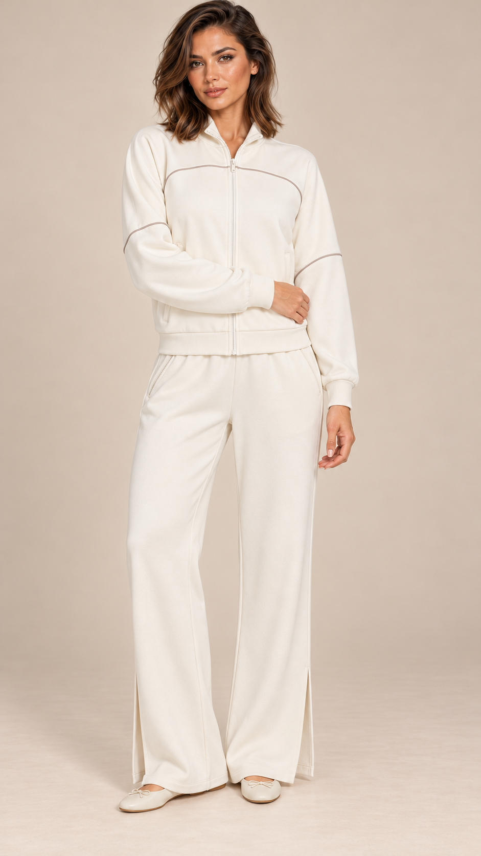 Saoirse Split-Hem Track Set — Cream White model front