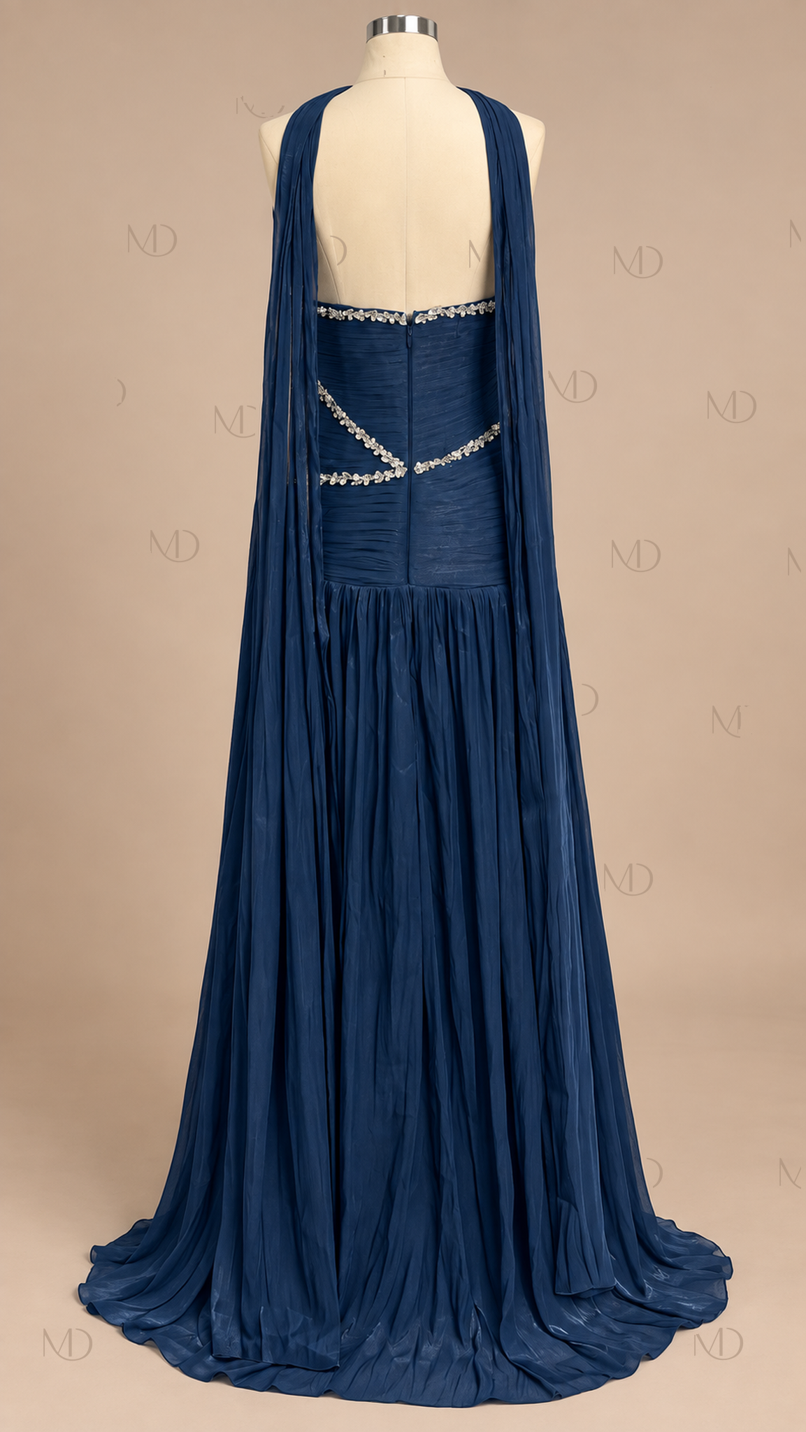 Athena Pleated Cape Maxi Dress — Dark Blue mannequin back