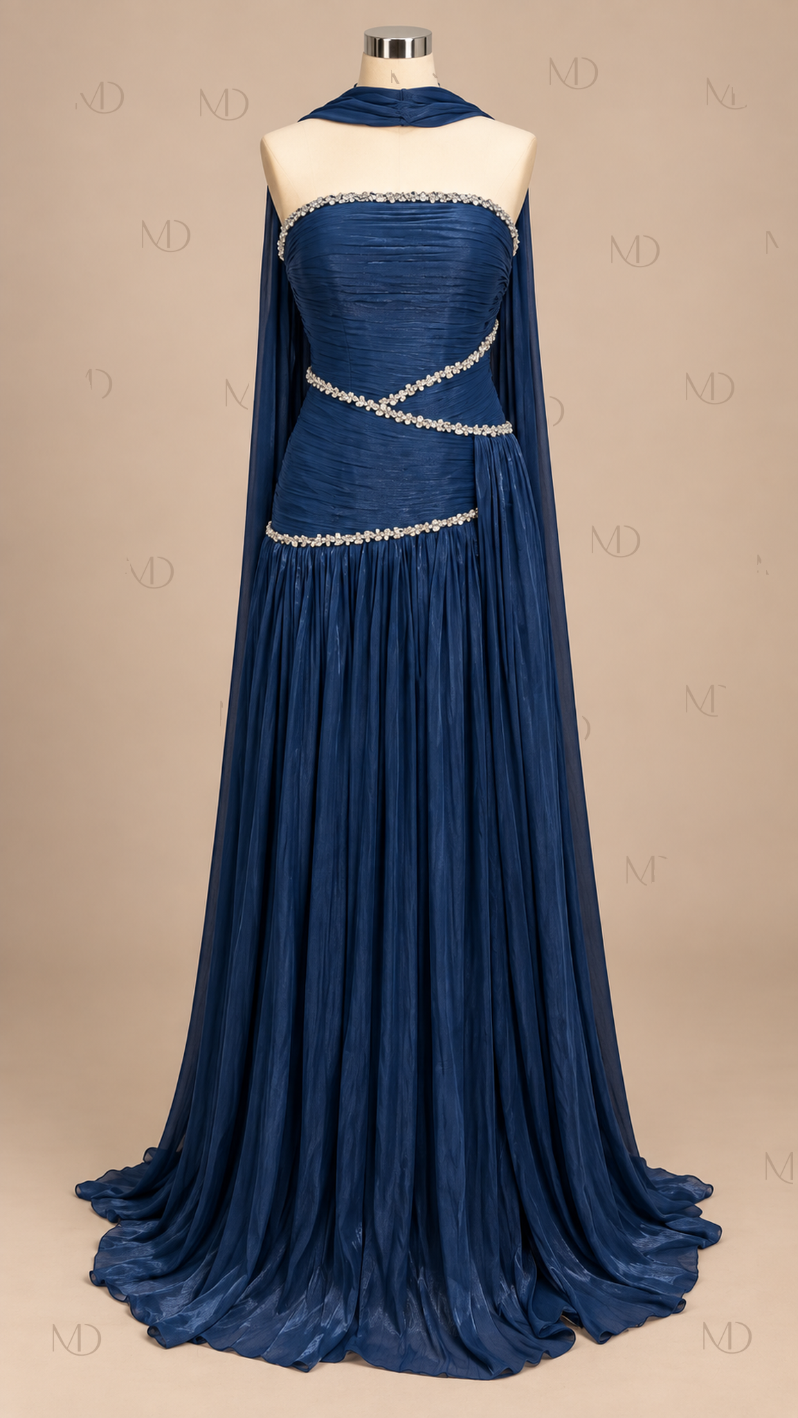 Athena Pleated Cape Maxi Dress — Dark Blue mannequin front