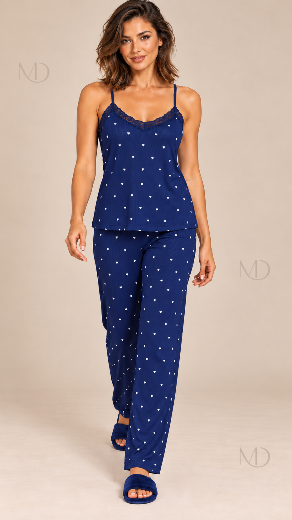 Fiammetta Heart-Dot Cami Pajamas — Dark Blue model front