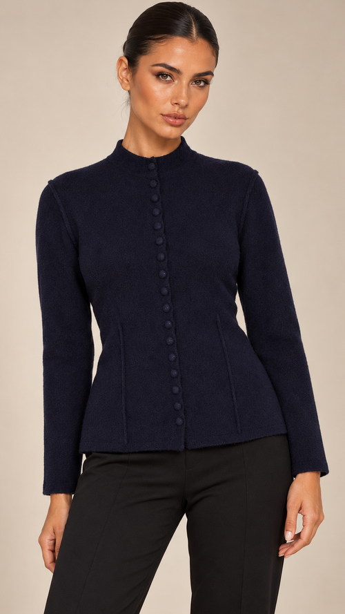 Ophelia Covered-Button Cardigan — Dark Blue model front