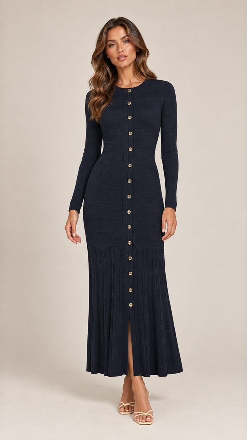Noemi Ribbed Knit Maxi Dress — Dark Blue model front