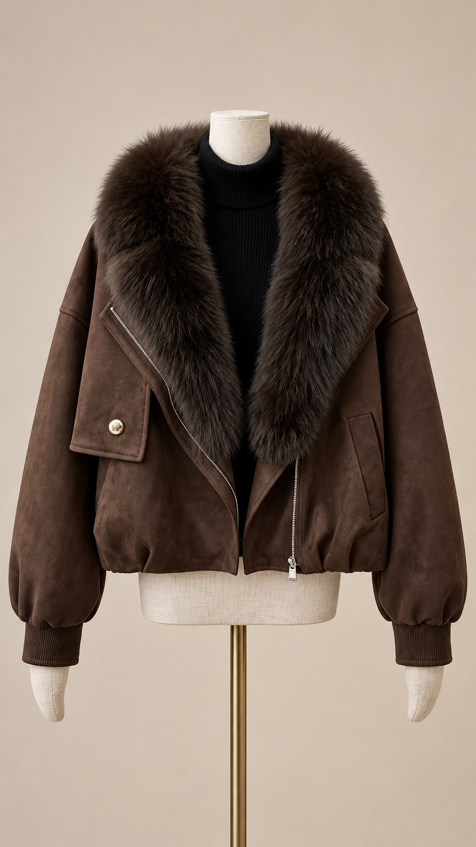Ines Fox Fur Moto Jacket — Dark Brown mannequin front