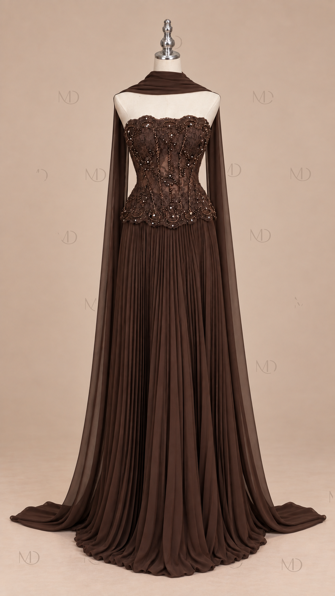 Delphine Beaded Corset Skirt Set — Dark Brown mannequin front