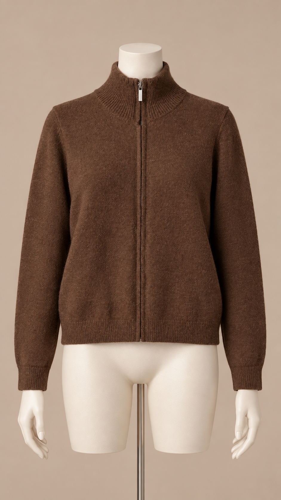 Elsie Zip Knit Cardigan — Dark Brown mannequin front