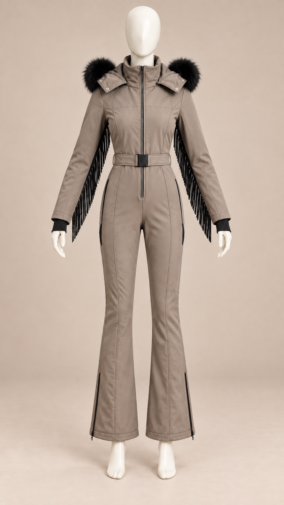 Aspen Fringed Ski Suit — Dark Brown mannequin front