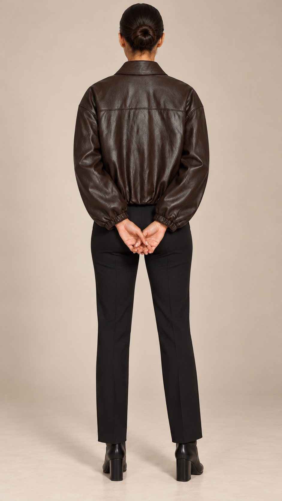 Leonora Drape-Collar Bomber — Dark Brown model back