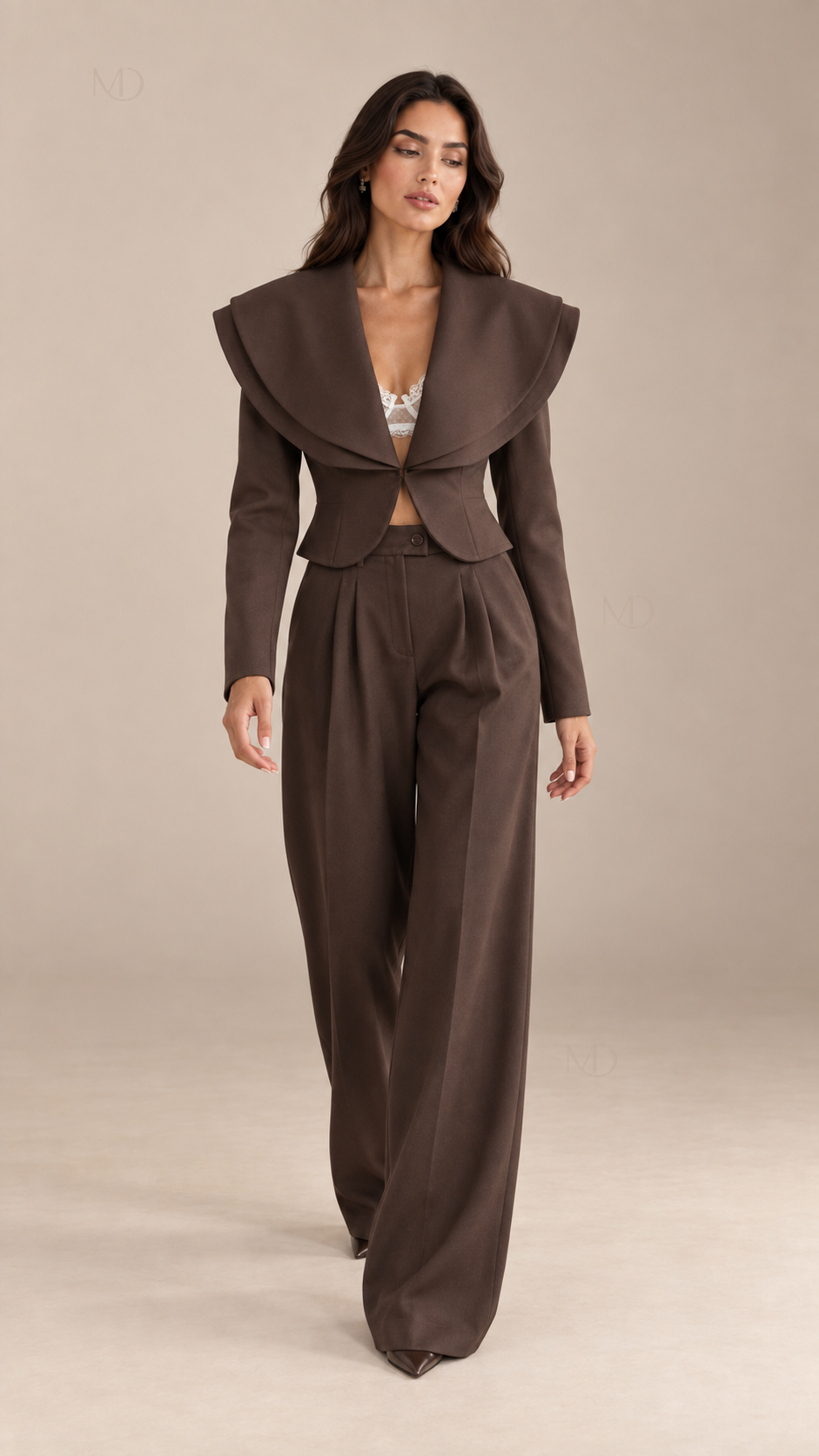 Celeste Wide-Lapel Suit Set — Dark Brown model front