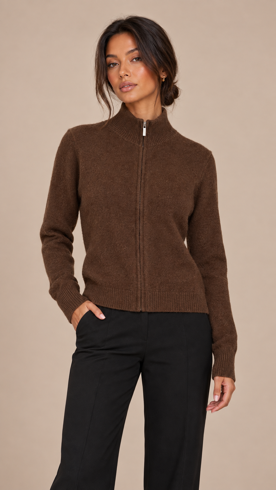 Elsie Zip Knit Cardigan — Dark Brown model front
