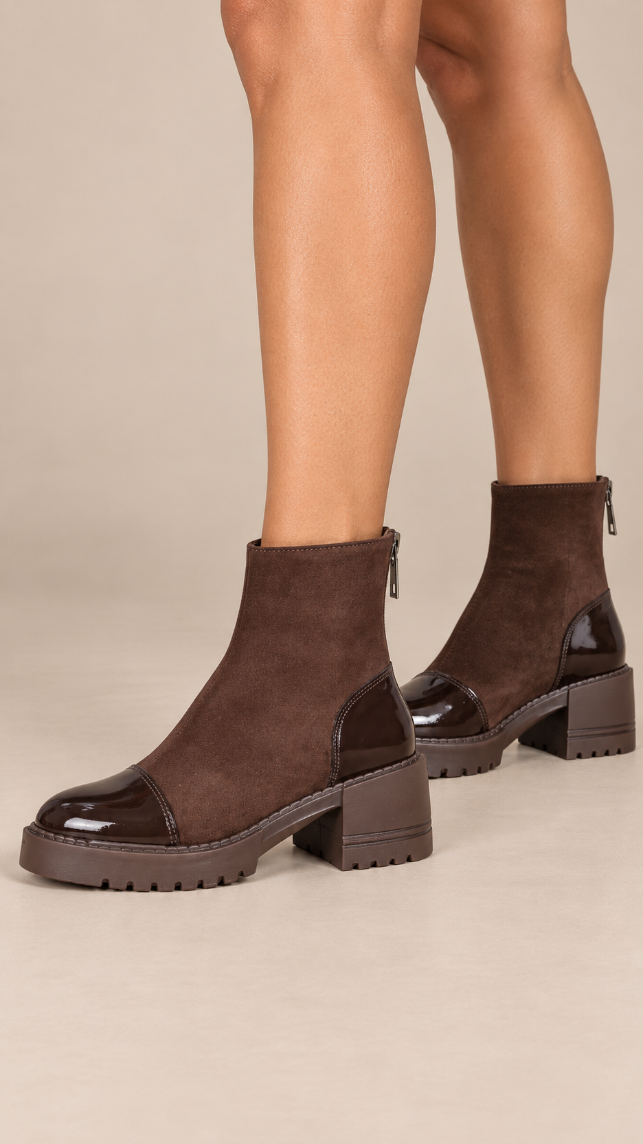 Vesna Block-Heel Boots — Dark Brown worn closeup