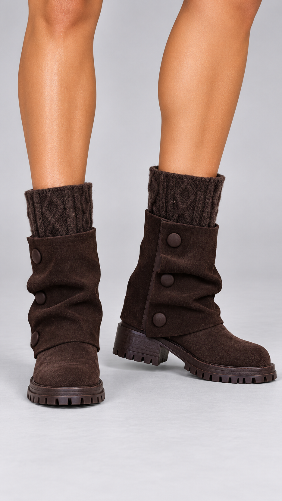 Annabeth Cable-Cuff Ankle Boot — Dark Brown worn closeup