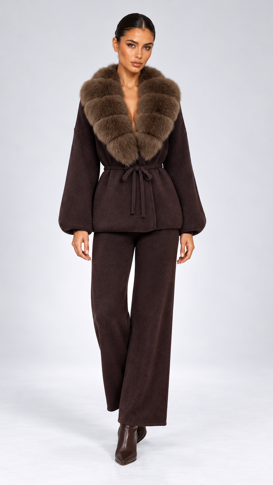 Margit Fox-Collar Knit Set — Dark Coffee + Light Coffee model front