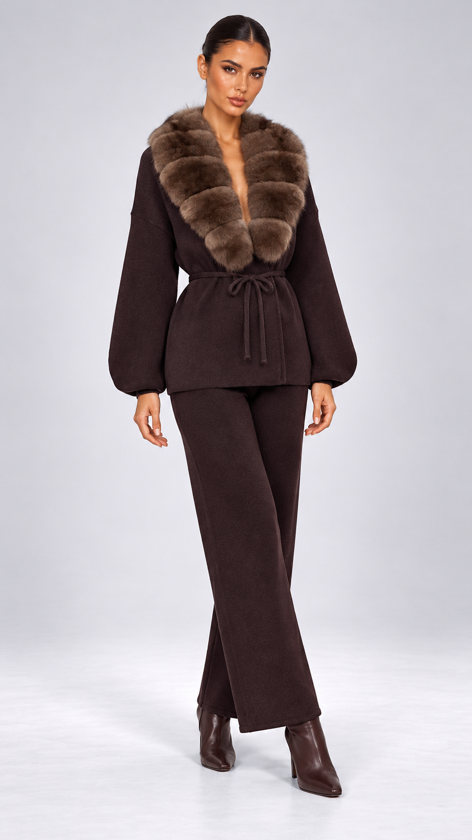 Margit Fox-Collar Knit Set — Dark Coffee + Mink model front