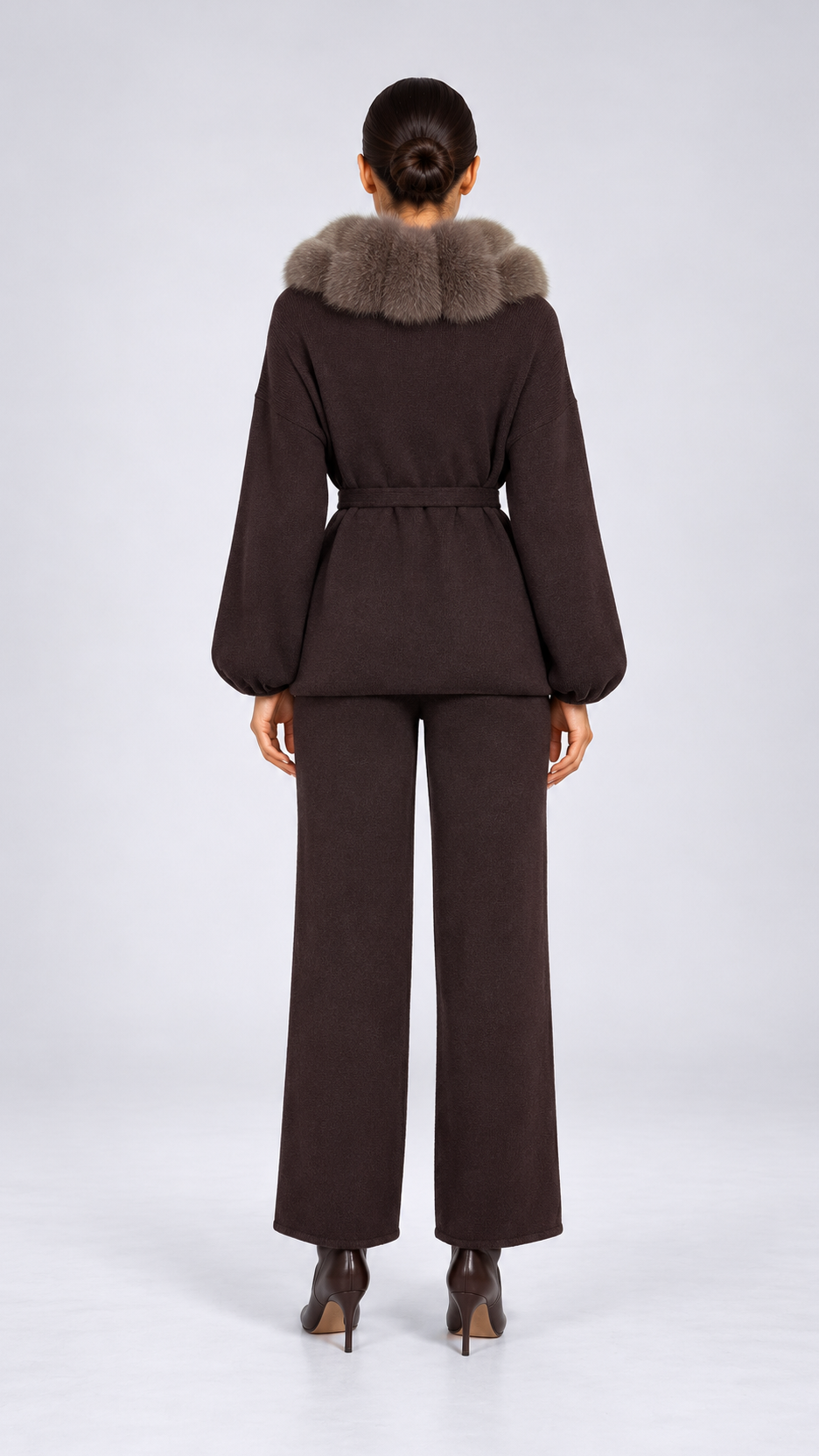 Margit Fox-Collar Knit Set — Dark Coffee + Mocha Gray model back